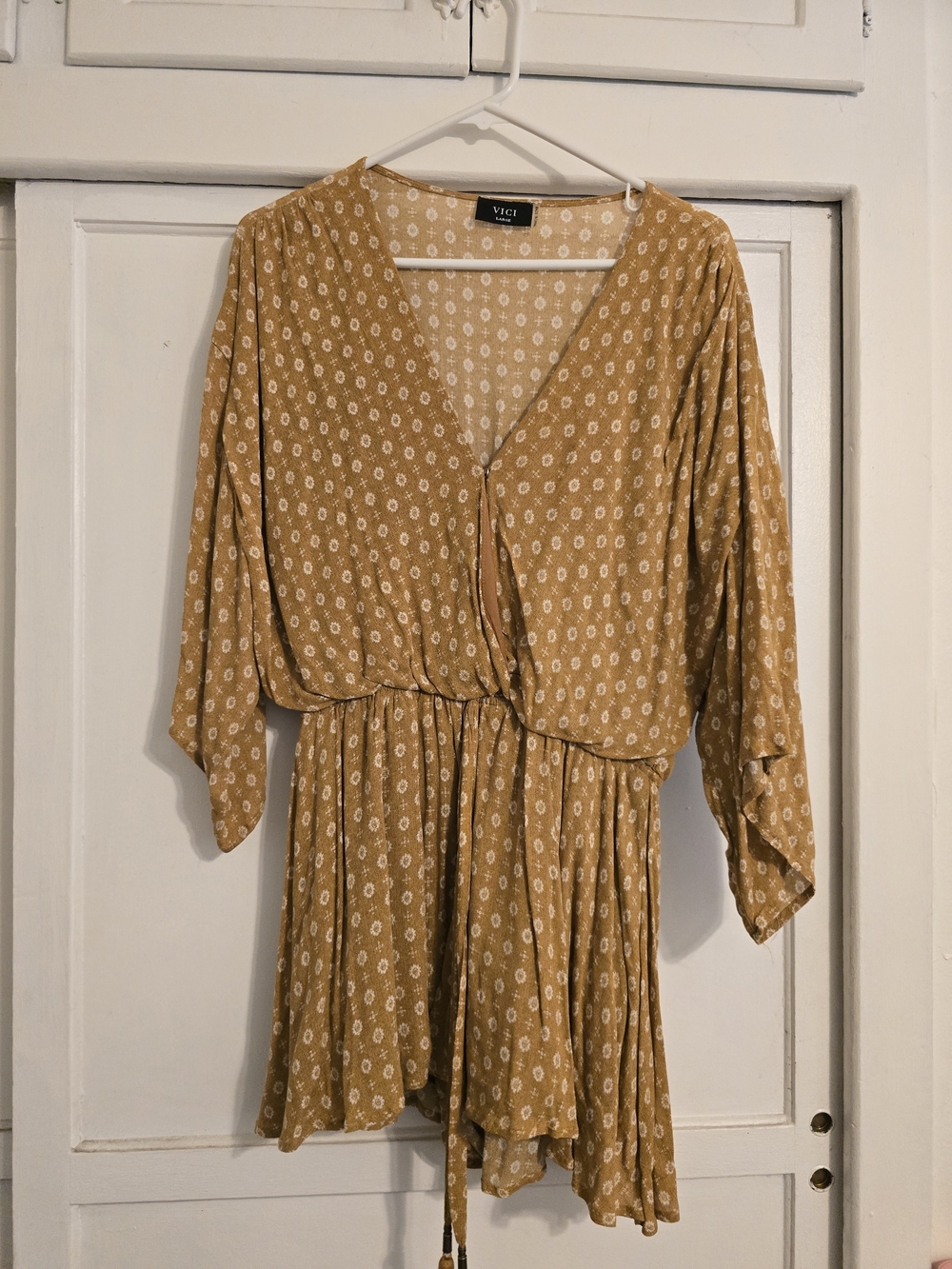 VICI Mustard Printed Wrap Mini Dress with Tie Waist